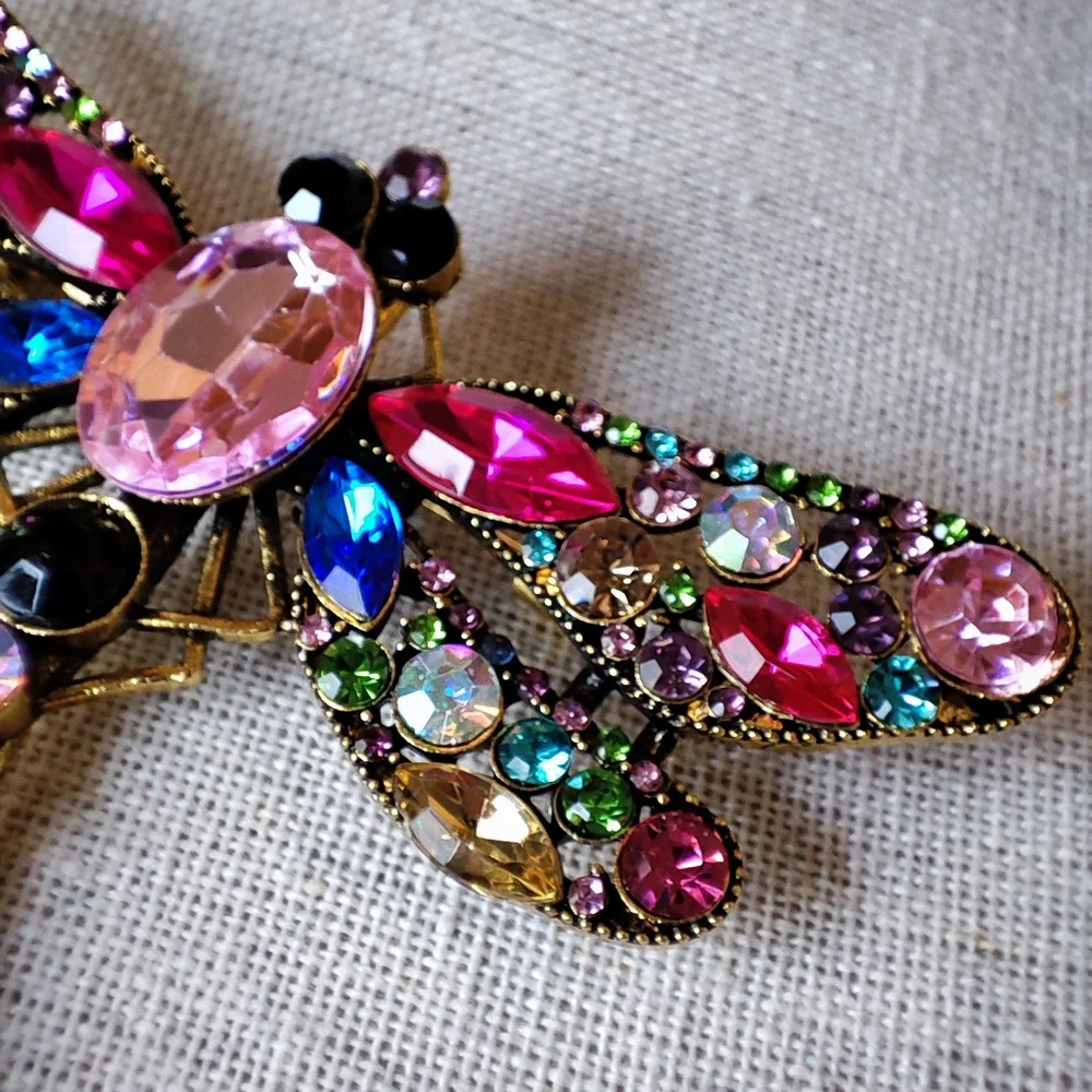 Rhinestone Oversized Huge Dragonfly Brooch Pendant Pink Aurora Borealis NWOT